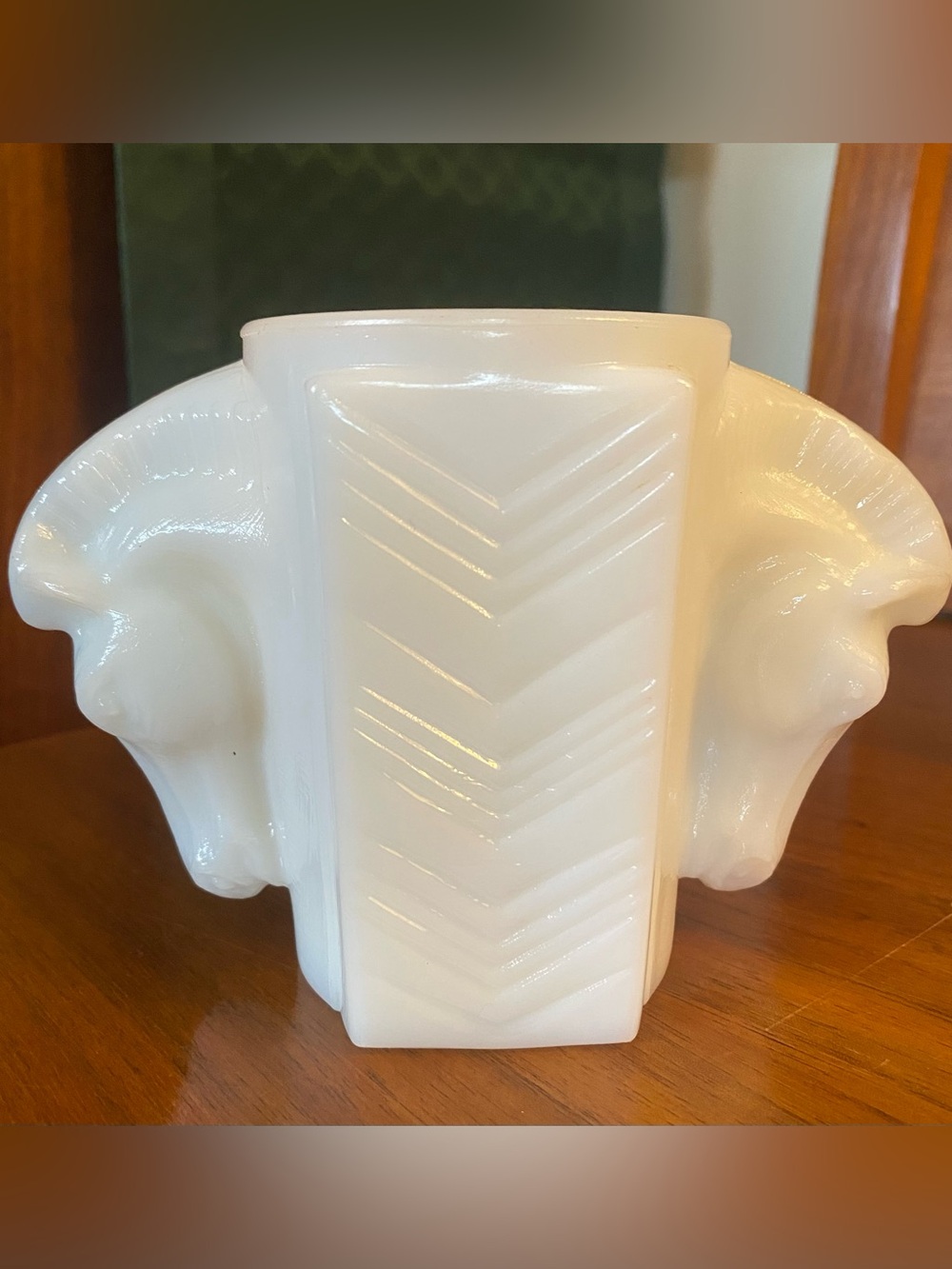 Vintage 1930s Art Deco Macbeth Evans White Milk Glass Trojan Horse Head Vase